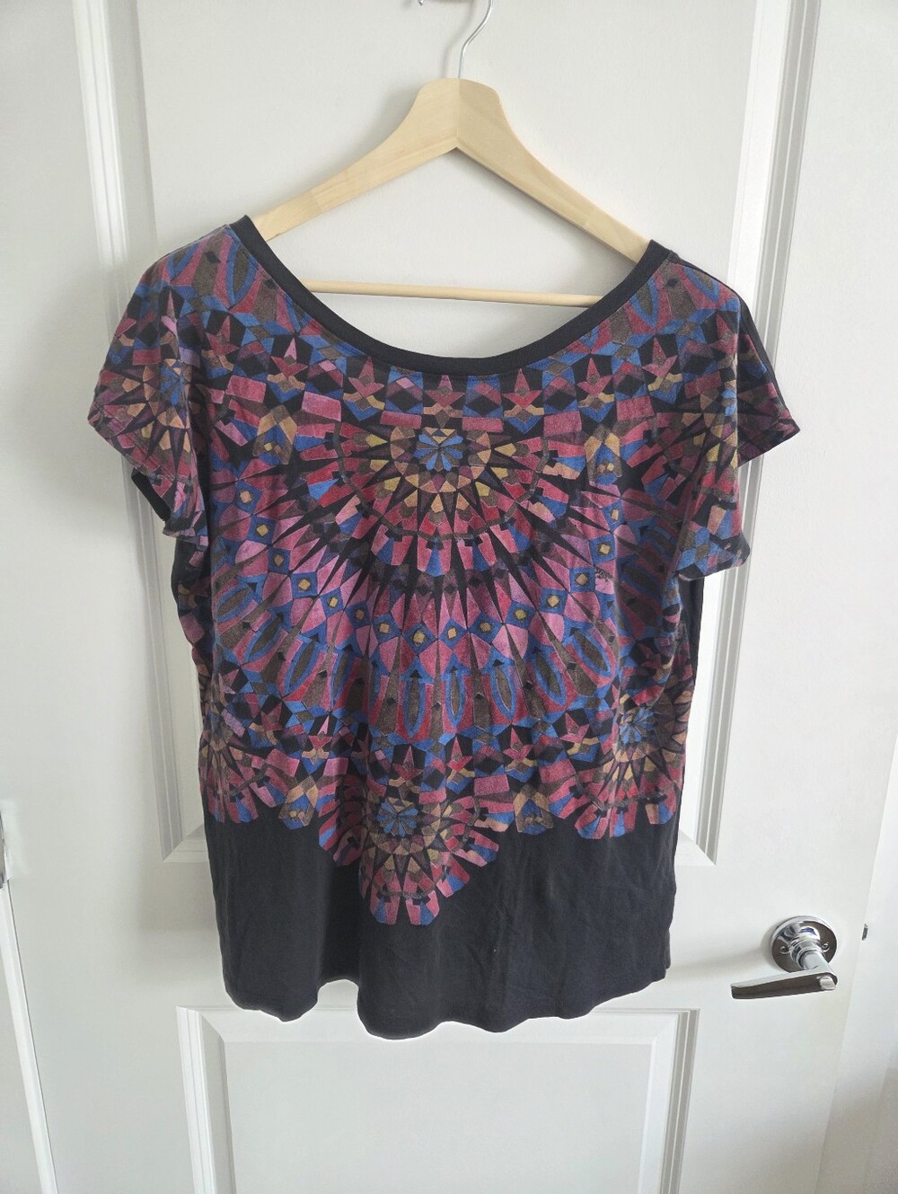 Truly Madly Deeply Black Tee with Multicolor Mandala Print, Size Medium